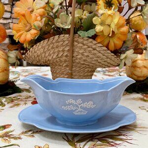 Vintage Johnson Brothers England Greydawn Bonsai Gravy Boat with Attached Plate